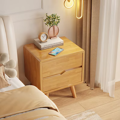Light Wood Nightstand With Two Drawers Alarm Clock Books Pink Vase And Smartphone 3d model