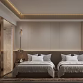 Modern Hotel Room Interior With Wooden Partition Open Shelves Connected Bathroom And Cozy Bed