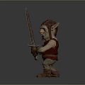Goblin Character With Pointed Ears Brown Helmet And Red Vest Holding Sword