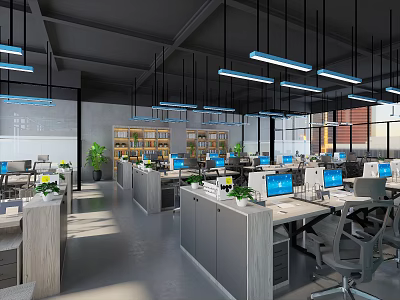 Open Modern Public Office Space With Workstations Computers Pendant Lights And Green Plants 3d model