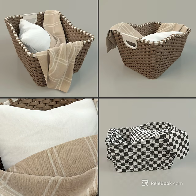 Woven Storage Baskets with Linen Fabric and Checkered Patterns for Home Organizing 3d model 
