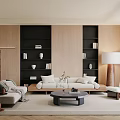 Modern Living Room Interior With Wooden Panels Black Shelves Sofa And Coffee Table