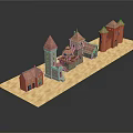 Cartoon Castle Scene With Colorful Red And Gray Buildings And Pointed Roofs