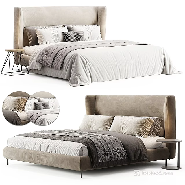 Modern Double Bed with Upholstered Headboard Beige Gray Bedding and Side Table 3d model