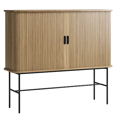 Minimalist Natural Wood Entryway Cabinet Sideboard With Double Doors And Black Metal Legs 3d model