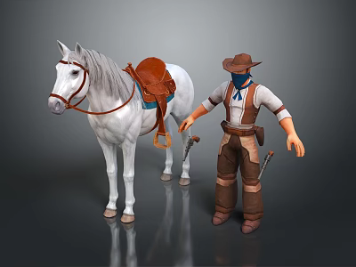 3D Cowboy Character Standing With White Horse And Brown Saddle 3d model