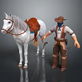 3D Cowboy Character Standing With White Horse And Brown Saddle