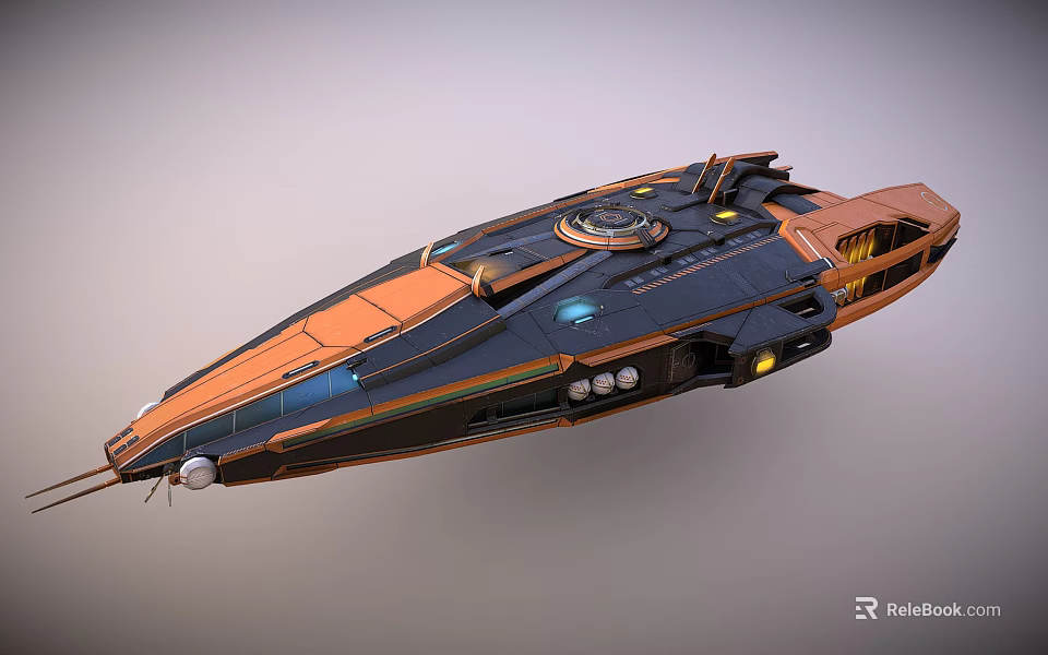 Futuristic Sci-Fi Spaceship With Orange Black Exterior Metallic Structure And Detailed Design 3d model 