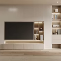Modern TV Wall Interior With Large Screen TV Lit Storage Cabinets And Bookshelves