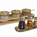 Glass Condiment Bottles With Wooden Lids And Metal Tray Kitchen Set