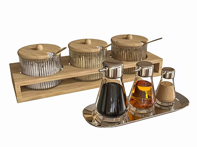 Glass Condiment Bottles With Wooden Lids And Metal Tray Kitchen Set 3d model
