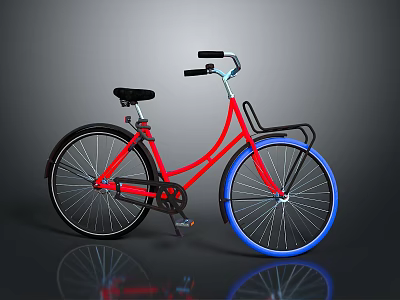Stylish Red Bicycle With Blue Wheels Black Handlebar Seat And Reflective Surface 3d model