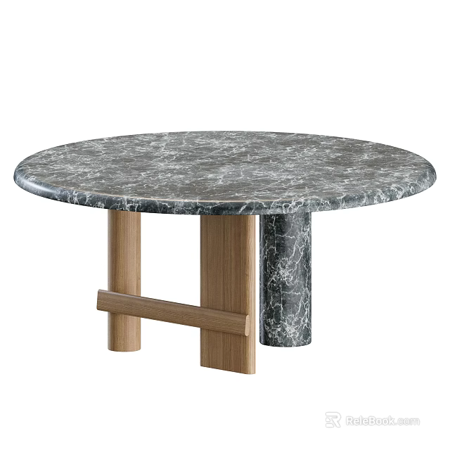 Round Marble Top Dining Table With Wooden Legs And Crossbeam Design 3d model 