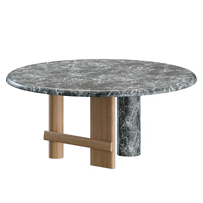 Round Marble Top Dining Table With Wooden Legs And Crossbeam Design 3d model