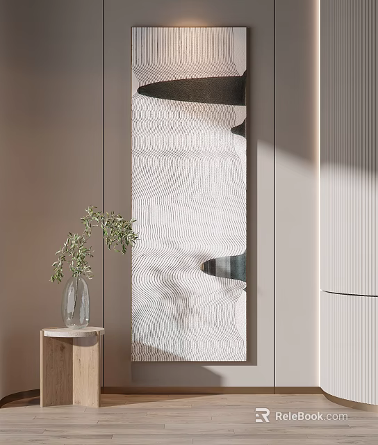 Interior Decor With Wavy Texture Mirror Olive Branch Vase And Wooden Side Table 3d model 
