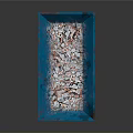 Rustic Blue Metal Container With Obras Divinity Text And Debris Inside