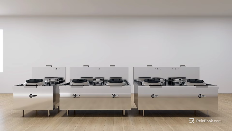 Professional Commercial Kitchen Featuring Stainless Steel Stoves And Cooking Ranges 3d model 