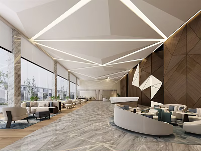 Modern Lounge Area With Marble Floor Geometric Ceiling Lighting Wooden Wall Panels And Comfortable Sofas 3d model
