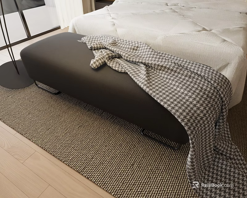 Black Footstool With Plaid Blanket Beside Bed On Wooden Floor And Woven Rug 3d model 