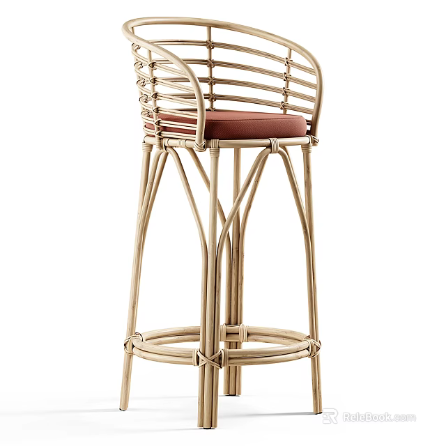 Modern Rattan Bar Stool With Red Padded Seat And Curved Leg Structure 3d model 