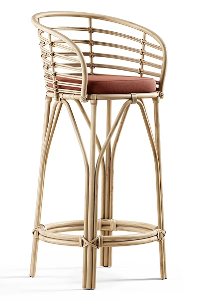 Modern Rattan Bar Stool With Red Padded Seat And Curved Leg Structure 3d model