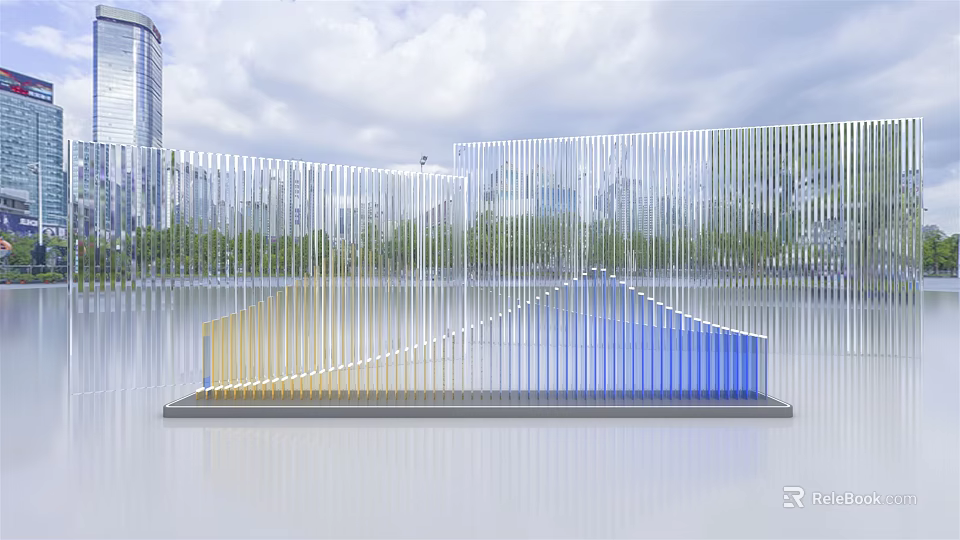 Road Facility With Transparent Vertical Bars And Yellow Blue Gradient Base Against Urban Skyline 3d model 
