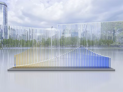 Road Facility With Transparent Vertical Bars And Yellow Blue Gradient Base Against Urban Skyline 3d model