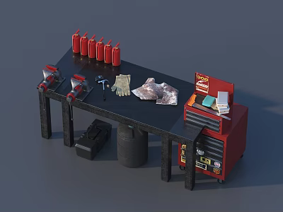 Functional Workbench With Red Bottles Tools Gloves Black Barrel And Red Tool Cabinet 3d model
