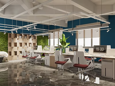 Modern Public Office Space With Green Plant Wall Work Desks And Ergonomic Chairs 3d model