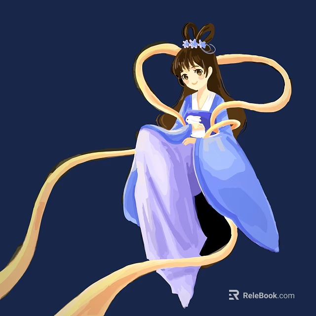 Game and Movie Character in Traditional Purple Blue Outfit With Yellow Flowing Ribbons and Headpiece 3d model 