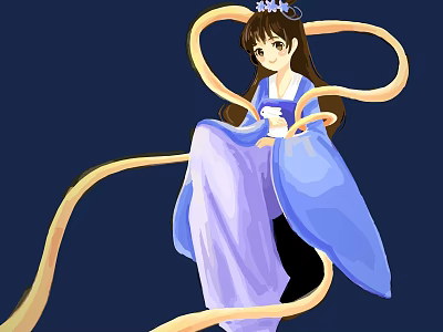 Game and Movie Character in Traditional Purple Blue Outfit With Yellow Flowing Ribbons and Headpiece 3d model