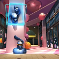 Vibrant Indoor Decorative Scene With Blue Sculpture Pink Columns Black Figure And Colorful Spheres