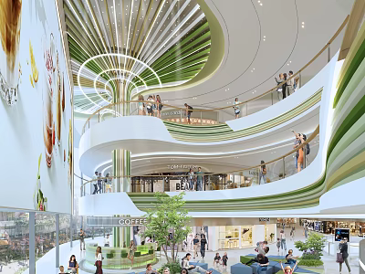 Modern Shopping Mall Interior Featuring Multi Level Curved Design Green Decor And Shops With Plants 3d model
