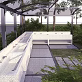 Outdoor Leisure Area With Glass Roof River View And White Seating Surrounded By Green Trees And Stone Path