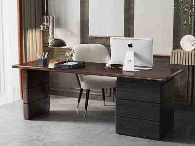 Modern Wooden Office Desk With iMac Computer Desk Lamp Pen Holder And Chair 3d model