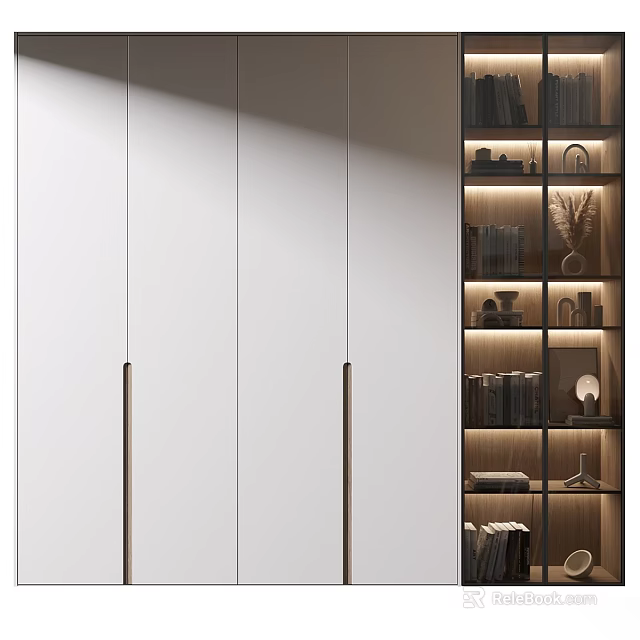 Modern Display Cabinet With White Cabinetry Metal Handles And Lit Shelves Holding Books Decor 3d model 