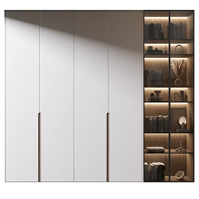 Modern Display Cabinet With White Cabinetry Metal Handles And Lit Shelves Holding Books Decor 3d model