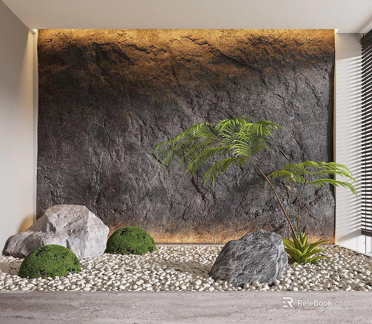 Garden Decorative Arrangement With Stone Wall Pebble Ground Stones Green Shrubs And Fern Plant 3d model 