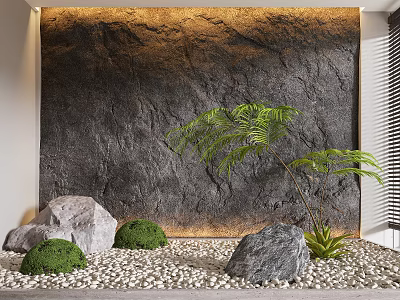 Garden Decorative Arrangement With Stone Wall Pebble Ground Stones Green Shrubs And Fern Plant 3d model