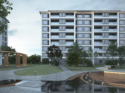Modern Tall Residential Building Exterior With Landscaped Greenery Water Feature And Courtyard 3d model