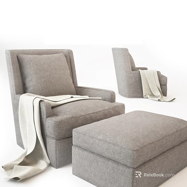 Modern Gray Fabric Single Seater Sofa With Ottoman And Cozy Blanket 3d model 