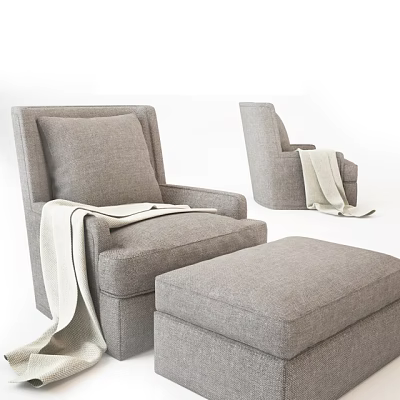 Modern Gray Fabric Single Seater Sofa With Ottoman And Cozy Blanket 3d model