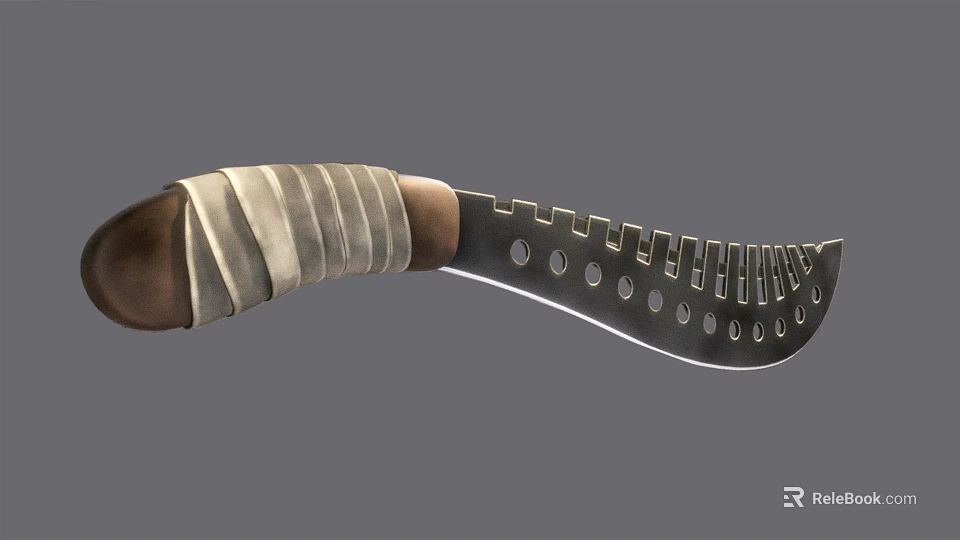 Traditional Handmade Curved Knife With Leather Wrapped Handle And Perforated Metal Blade 3d model 