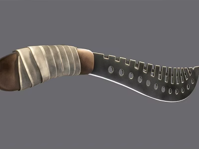 Traditional Handmade Curved Knife With Leather Wrapped Handle And Perforated Metal Blade 3d model