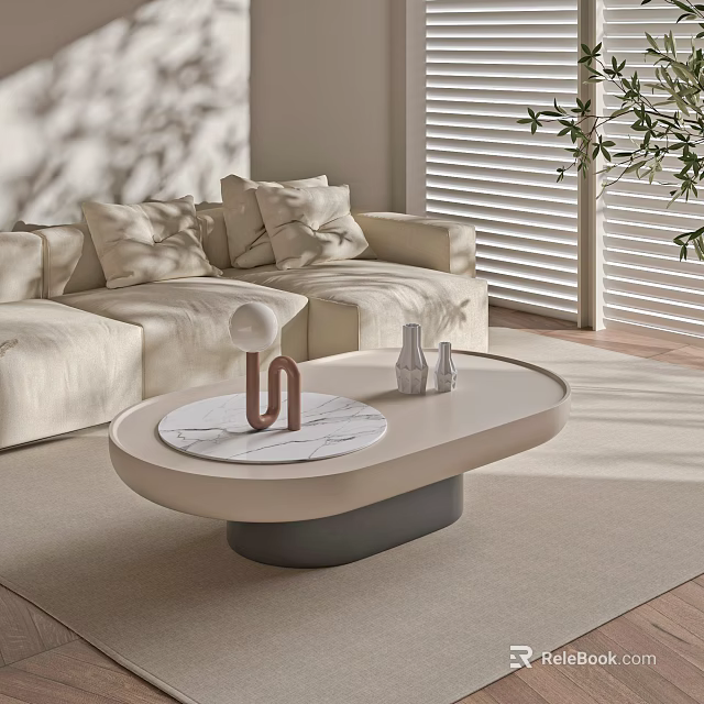 Modern Minimalist Oval Coffee Table With Marble Top Gray Base And Beige Sofa Blinds Plant 3d model 