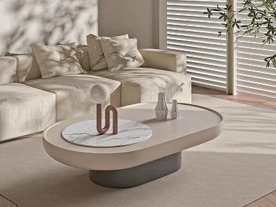 Modern Minimalist Oval Coffee Table With Marble Top Gray Base And Beige Sofa Blinds Plant 3d model