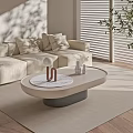 Modern Minimalist Oval Coffee Table With Marble Top Gray Base And Beige Sofa Blinds Plant