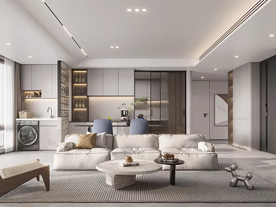 Modern Living Dining Room Interior With White Sofa Coffee Table And Kitchen Cabinets Design 3d model