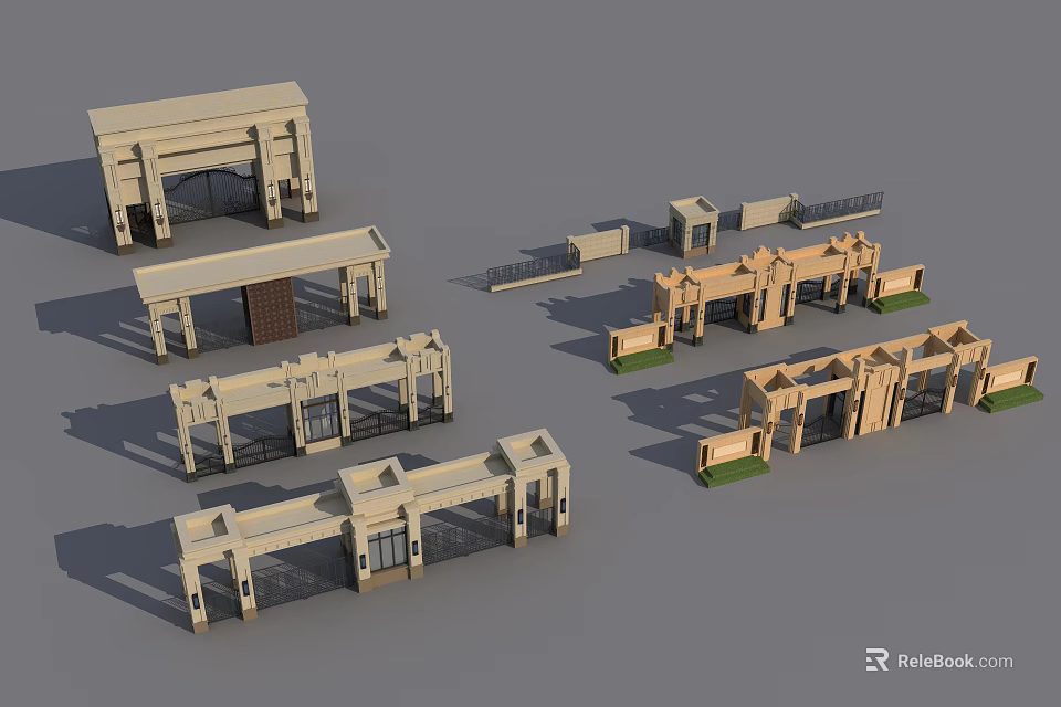 Architectural Entrance Gates In Different Styles With Stone Pillars And Frames 3d model