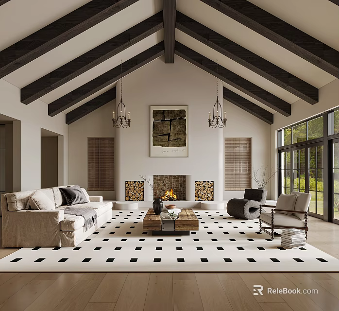 Bright Spacious High Ceiling Living Room With Warm Fireplace And Exposed Dark Wood Beams 3d model 